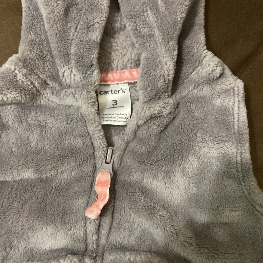 Carter’s gray fleece vest with ears on hood; size 3M